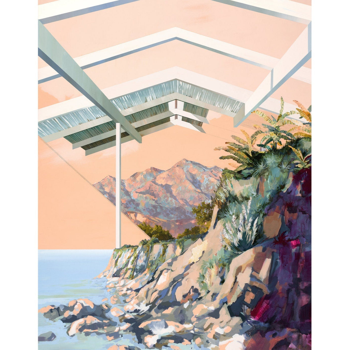 Painting of the Santa Ynez mountains and bluffs of Santa Barbara, CA along with structural elements