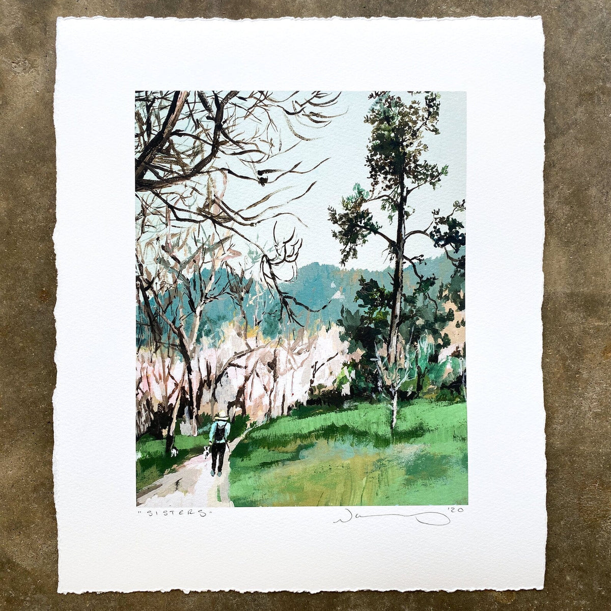 Print of a green walk with old trees. 