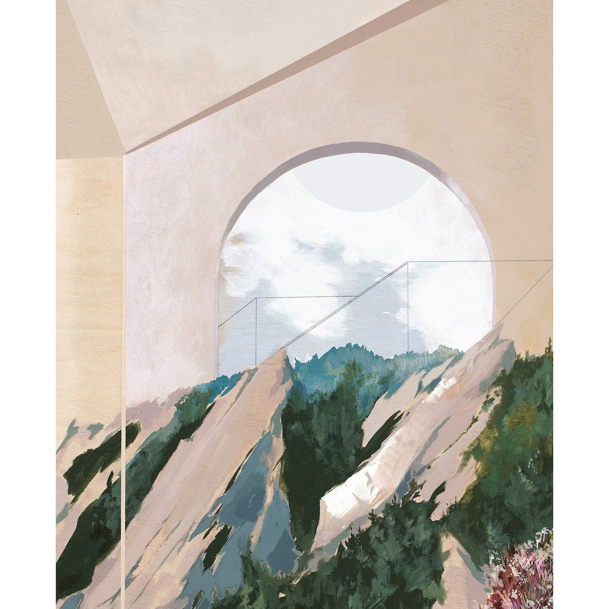 slabs of rock partially covered in foliage rise to meet a beige arch structure. 