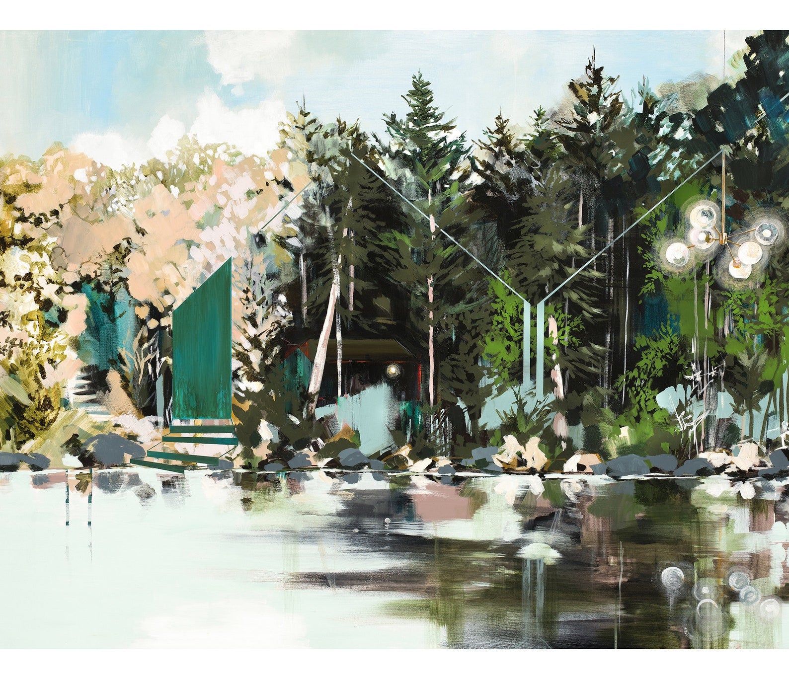 abstract river forest scene with architectural design elements. 