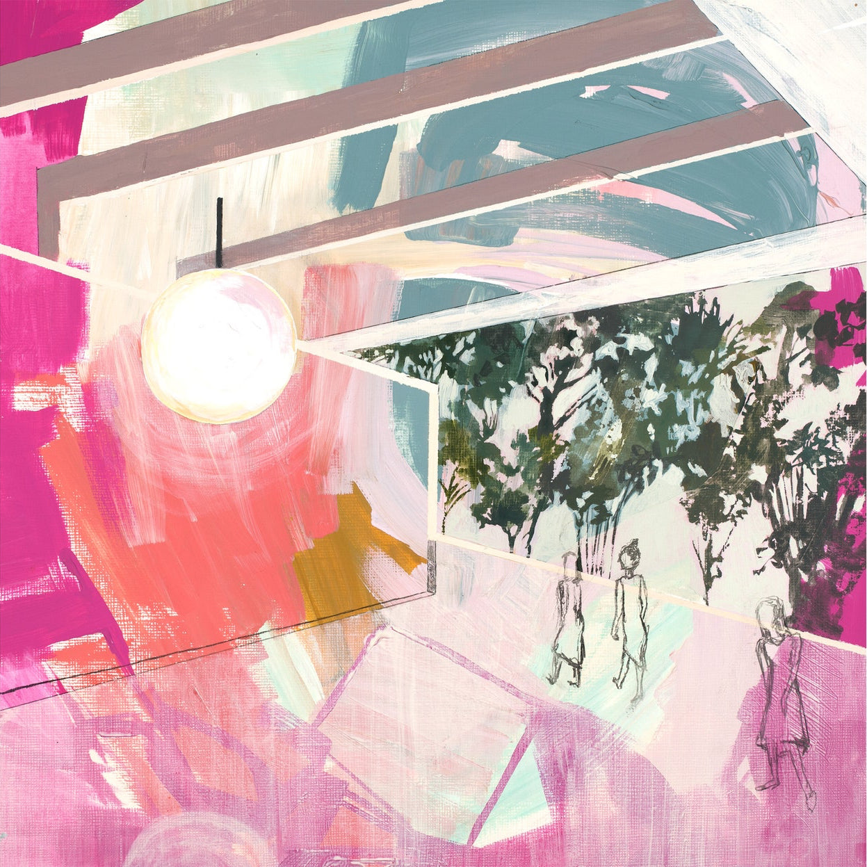 Bright neon pinks and dusty blues surround a bright sphere light fixture.
