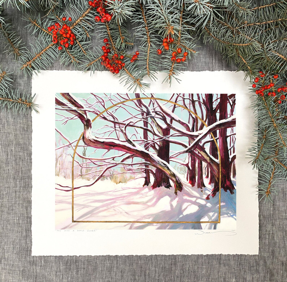 print against cement with winter boughs. 