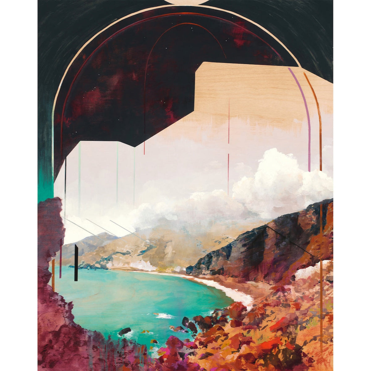 Painting of Red Beach in Santorini, Greece. Featuring an arch of reds and pinks and a black sky