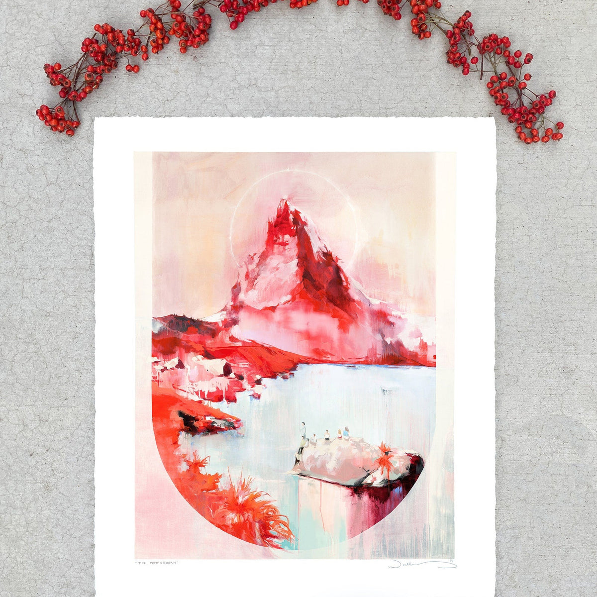 print shown against cement with a red berry branch. 