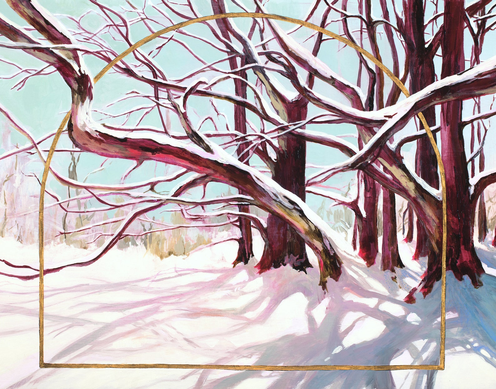 snow covered trees and a gold arch. 