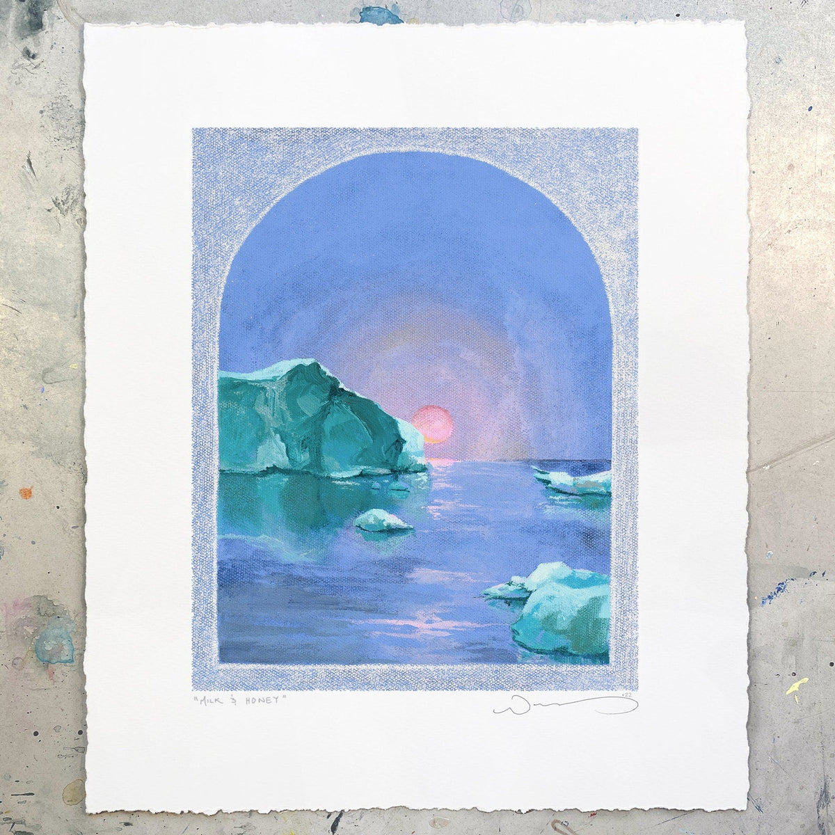 Glacier print done in periwinkle shades with pink sun. 