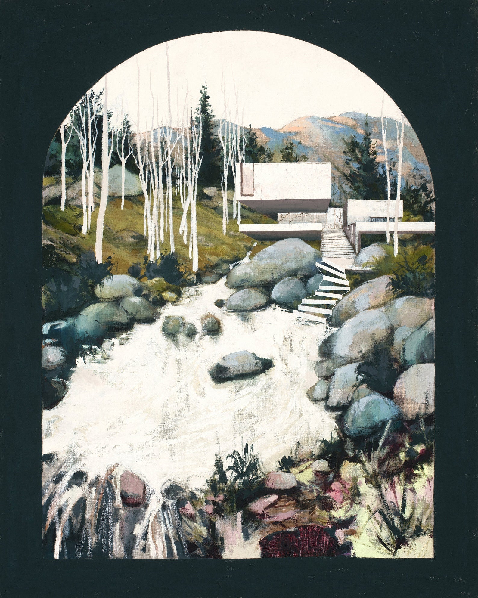 river scene with architectural elements. 