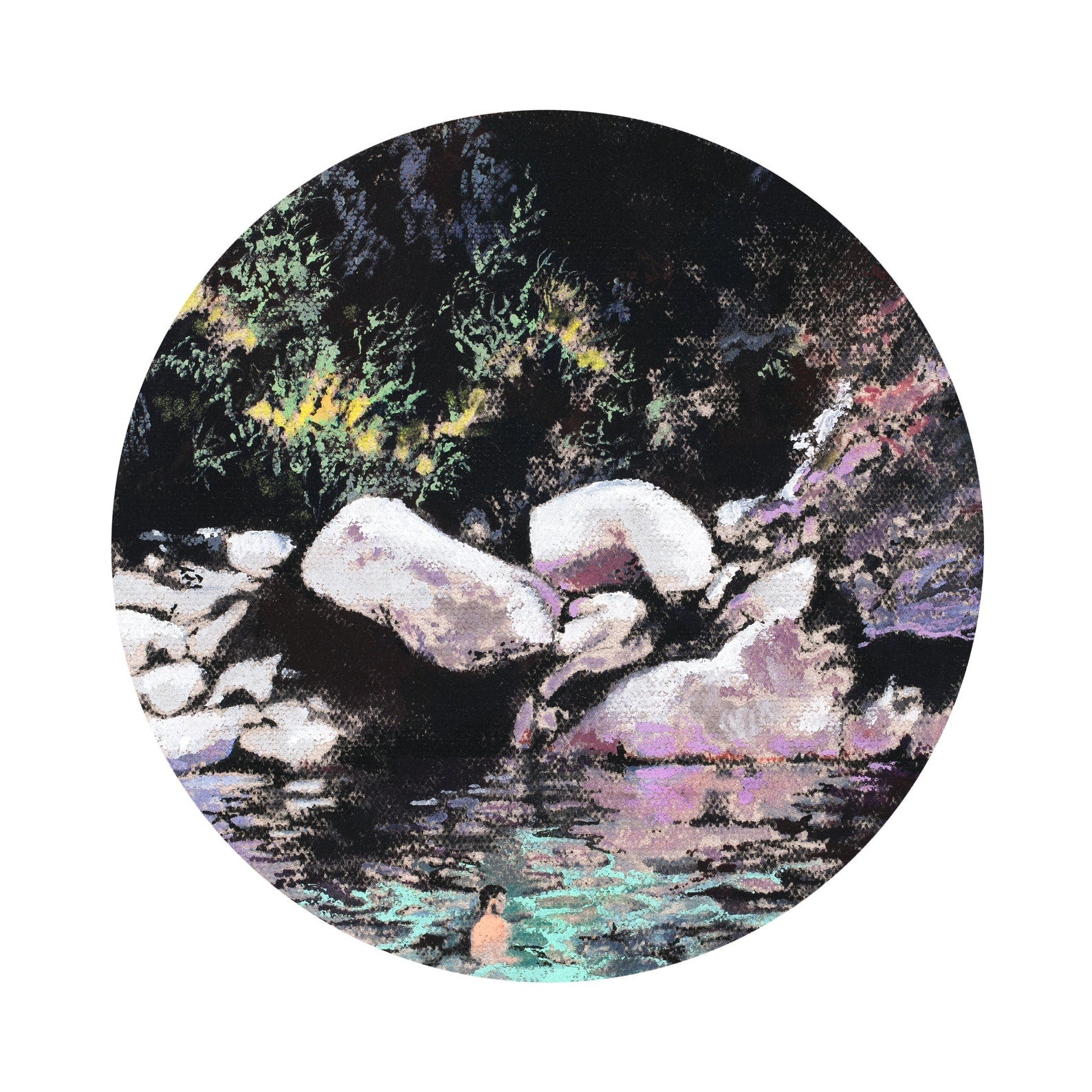 Square print with sphere painting of a serene scene, rocks on a riverside with shrubbery in the background. 