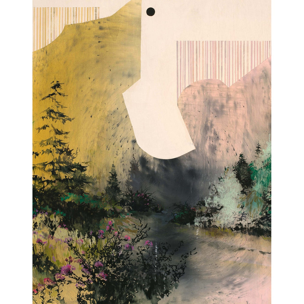 smears of color with shrubbery peeking through. pinks and greens. 