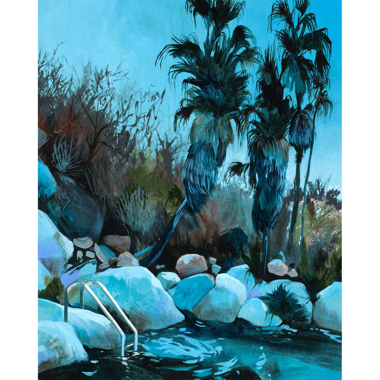 a natural pool scene with rocks and palms. All done in a brilliant shade of blue. 
