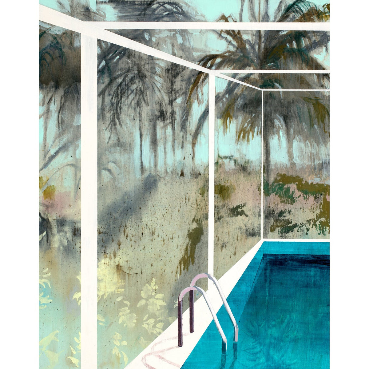 poolside view with smeary palm trees in background. 