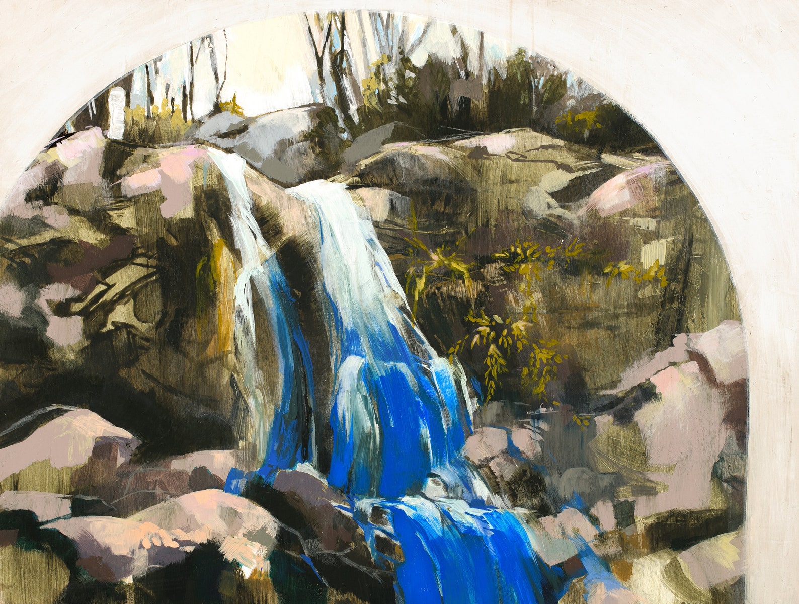a muted scene with a shockingly brilliant royal blue water fall spurting over rough rocks and vegetation. 