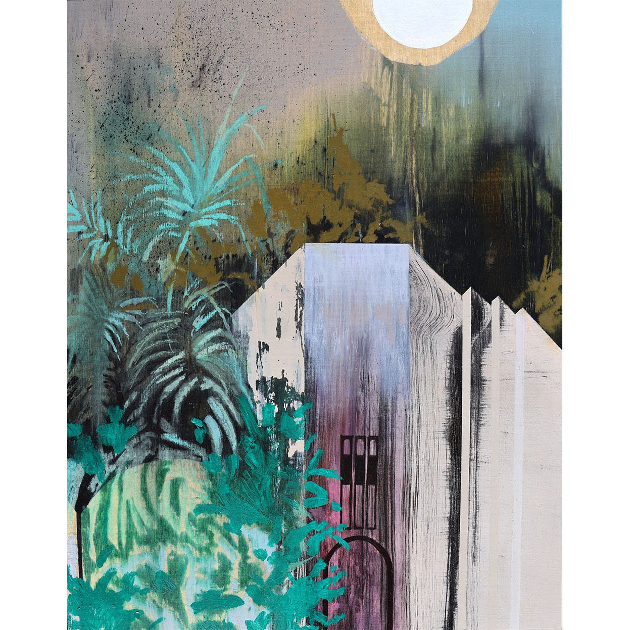 Moody colors create a brush/smear affect in this painting of vegetation and structures. 
