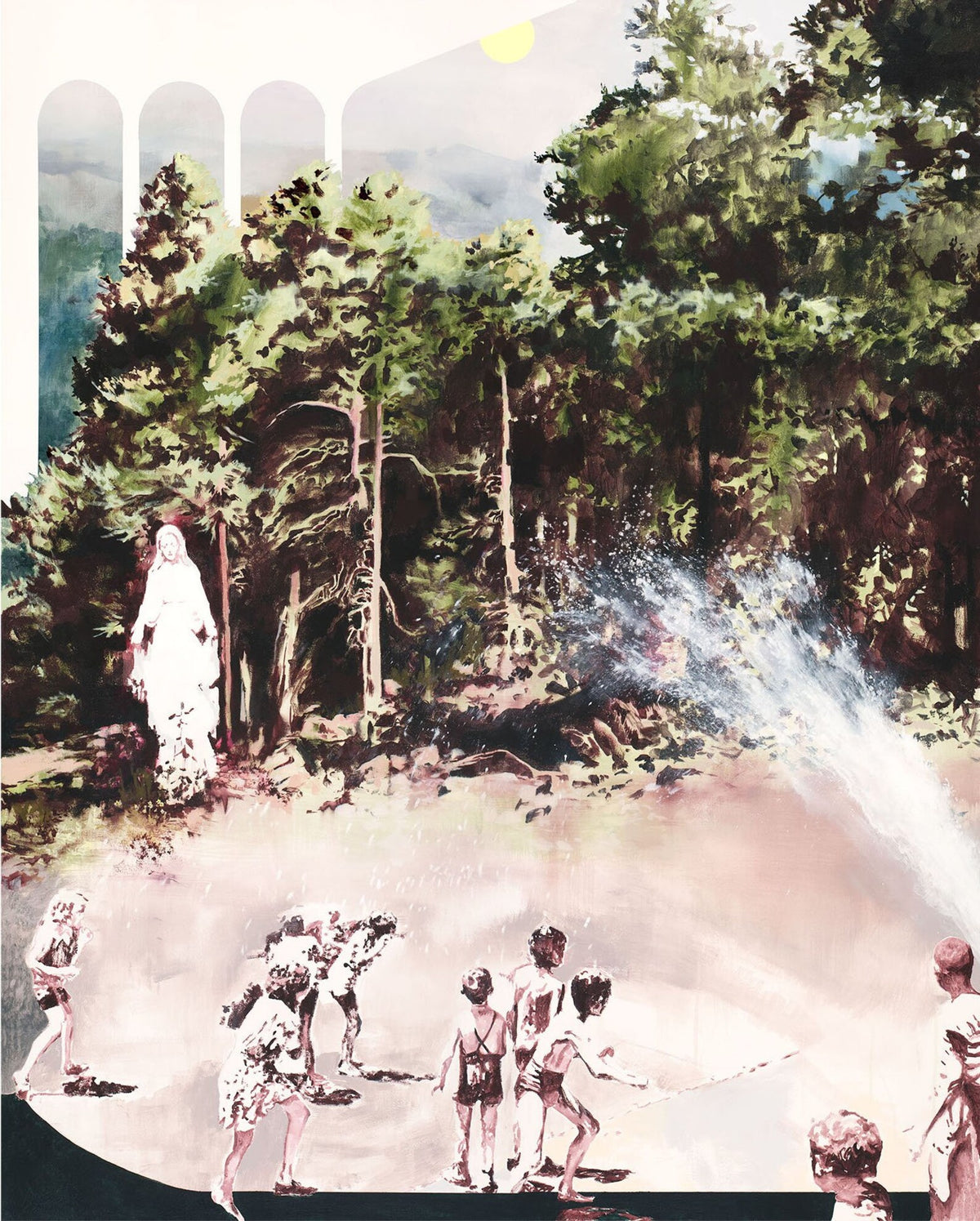 forest surrounds open space where children play with spraying water. Design contains architectural elements. 