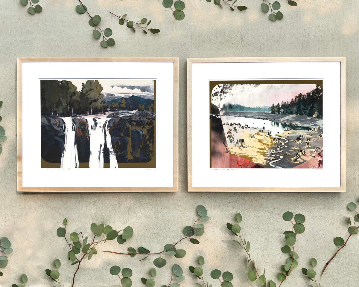 print shown framed next to another on cement with leaves. 