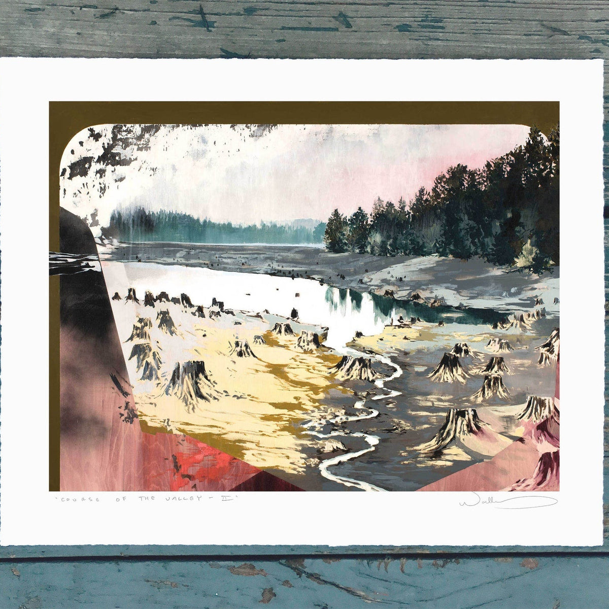 stark print of numerous tree stumps trailing down to the edge of a reflective pool of water. Forest can be seen in the distance. 