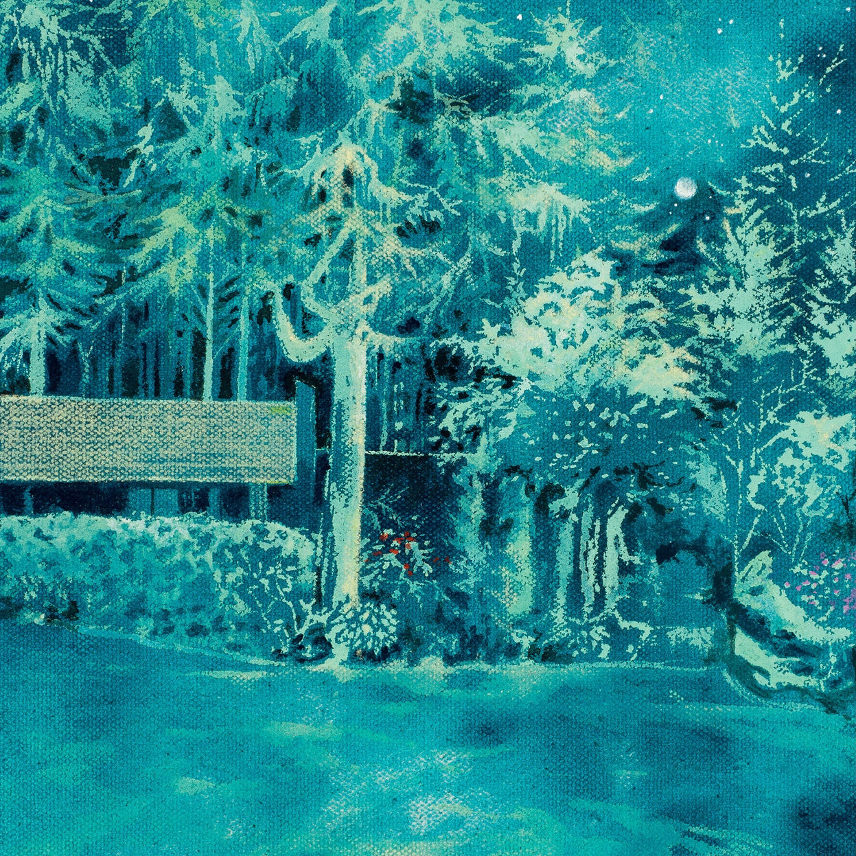 Forest scene done completely in turquoise blues, this print gives mystical ethereal vibes. 