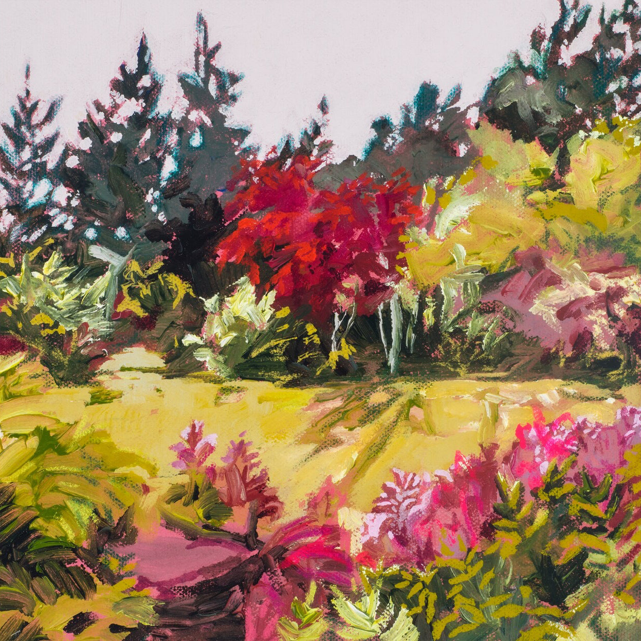 brushy strokes in sap green, dark teal, and pinks and reds make a beautiful natural landscape