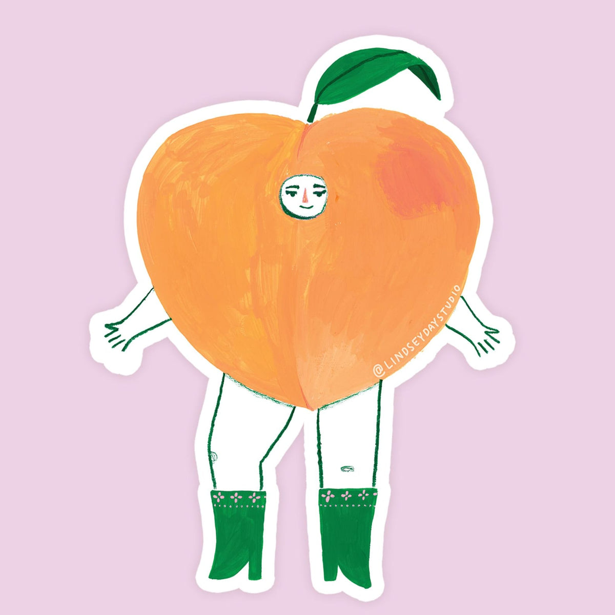 A rosy peach with a face, arms and legs. 
