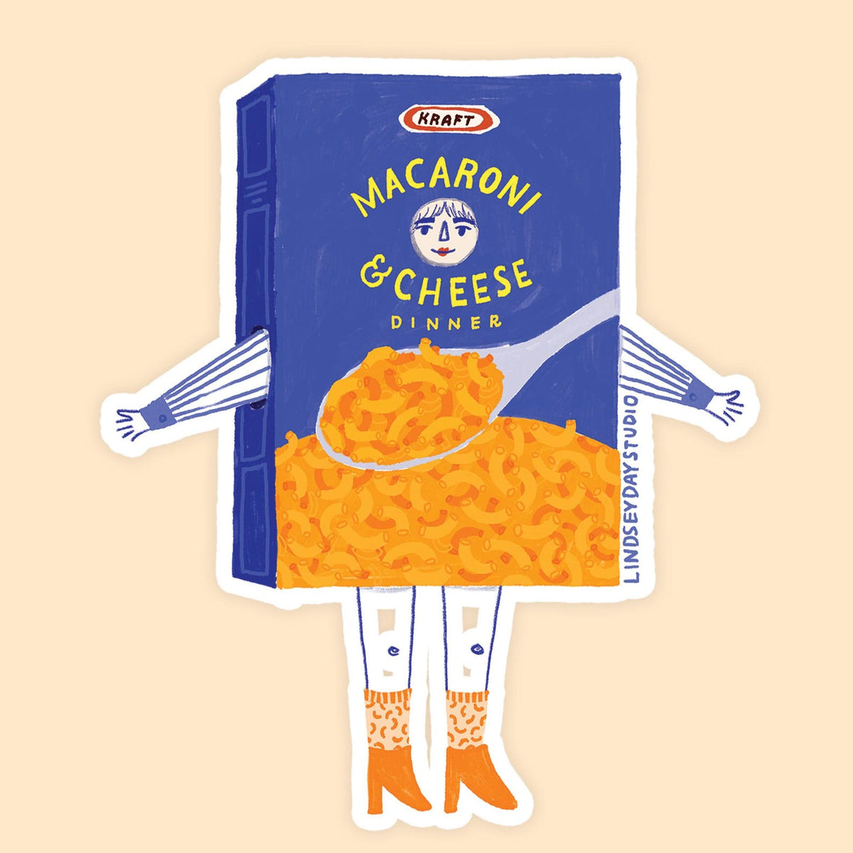 Blue box of Mac n' cheese with a face, arms and legs. 