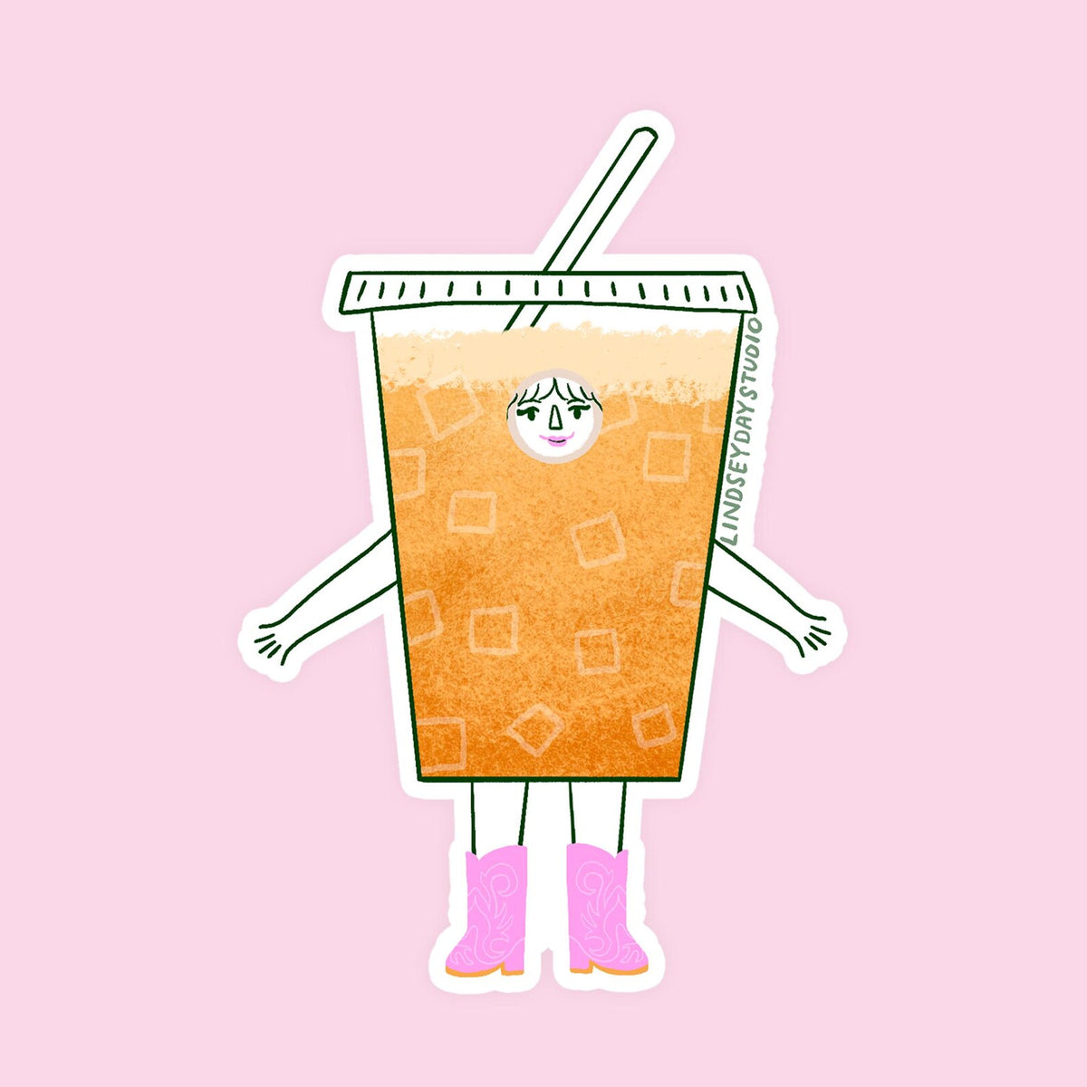 Iced coffee in a plastic cup with a face, arms and legs. 