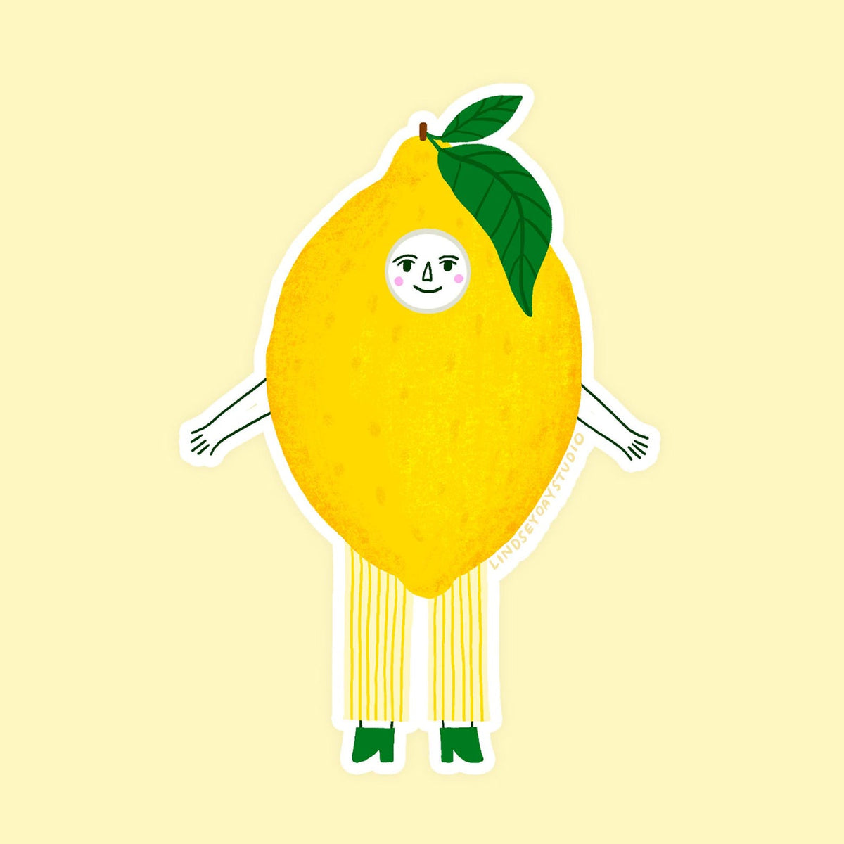Lemon sticker with a face, arms and legs.