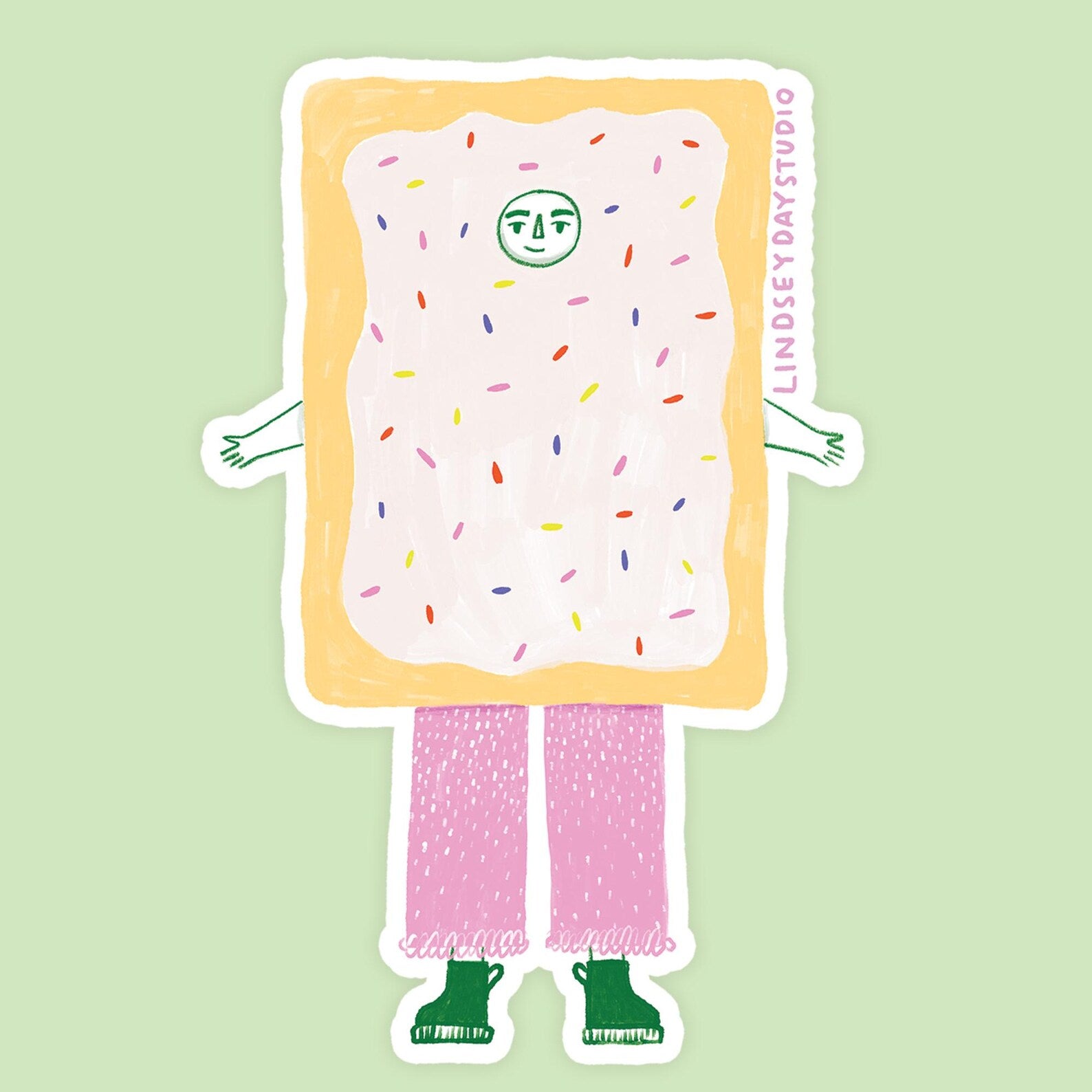 Poptart with white frosting, with arms, legs and a face. 