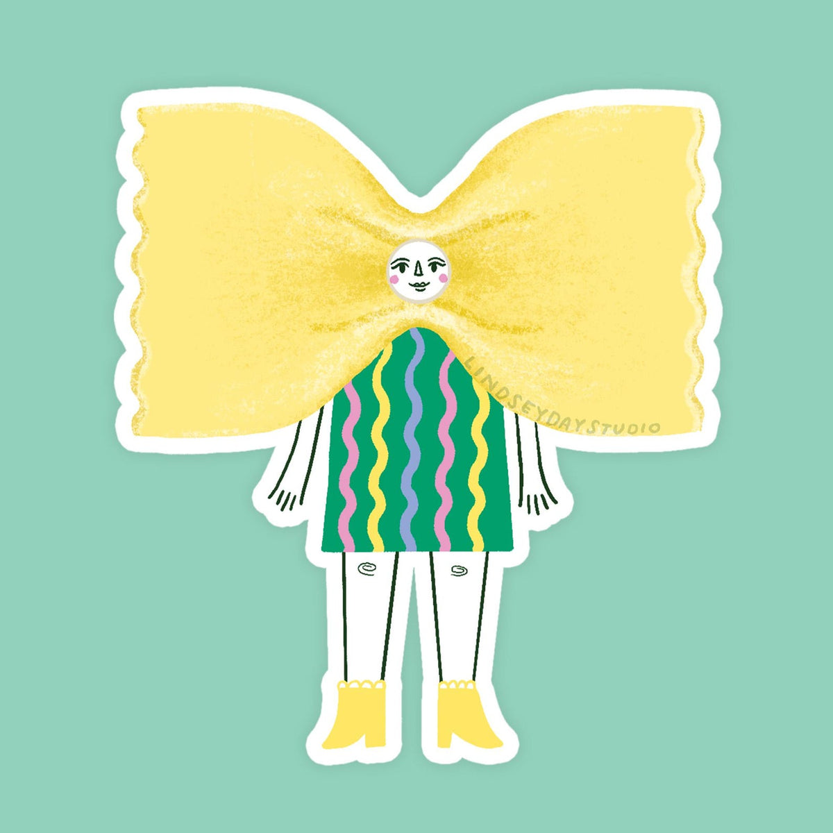 Bowtie pasta sticker with a face, arms and legs. 