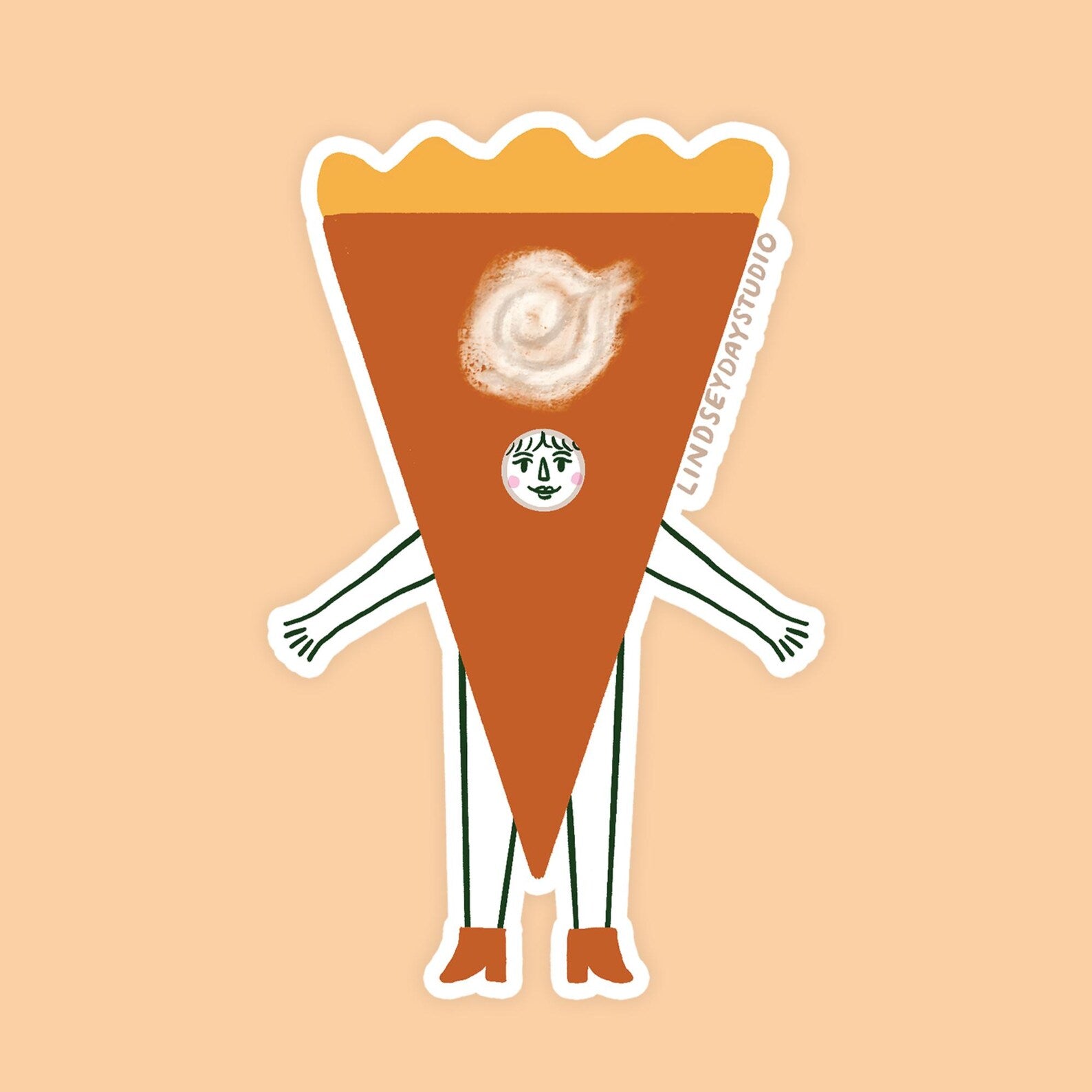 Pumpkin pie slice sticker with a dollop of whipped cream, a face, arms and legs. 