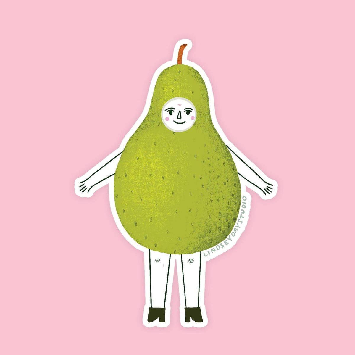 Green pear sticker with a face, arms and legs. 