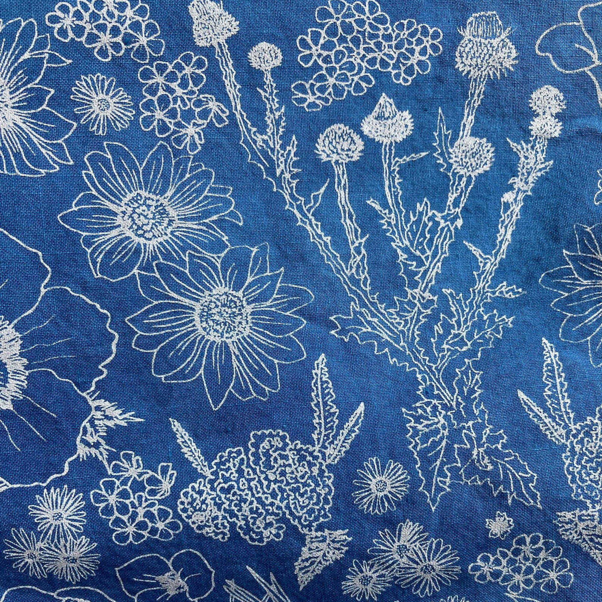 White floral illustrations on a blue background