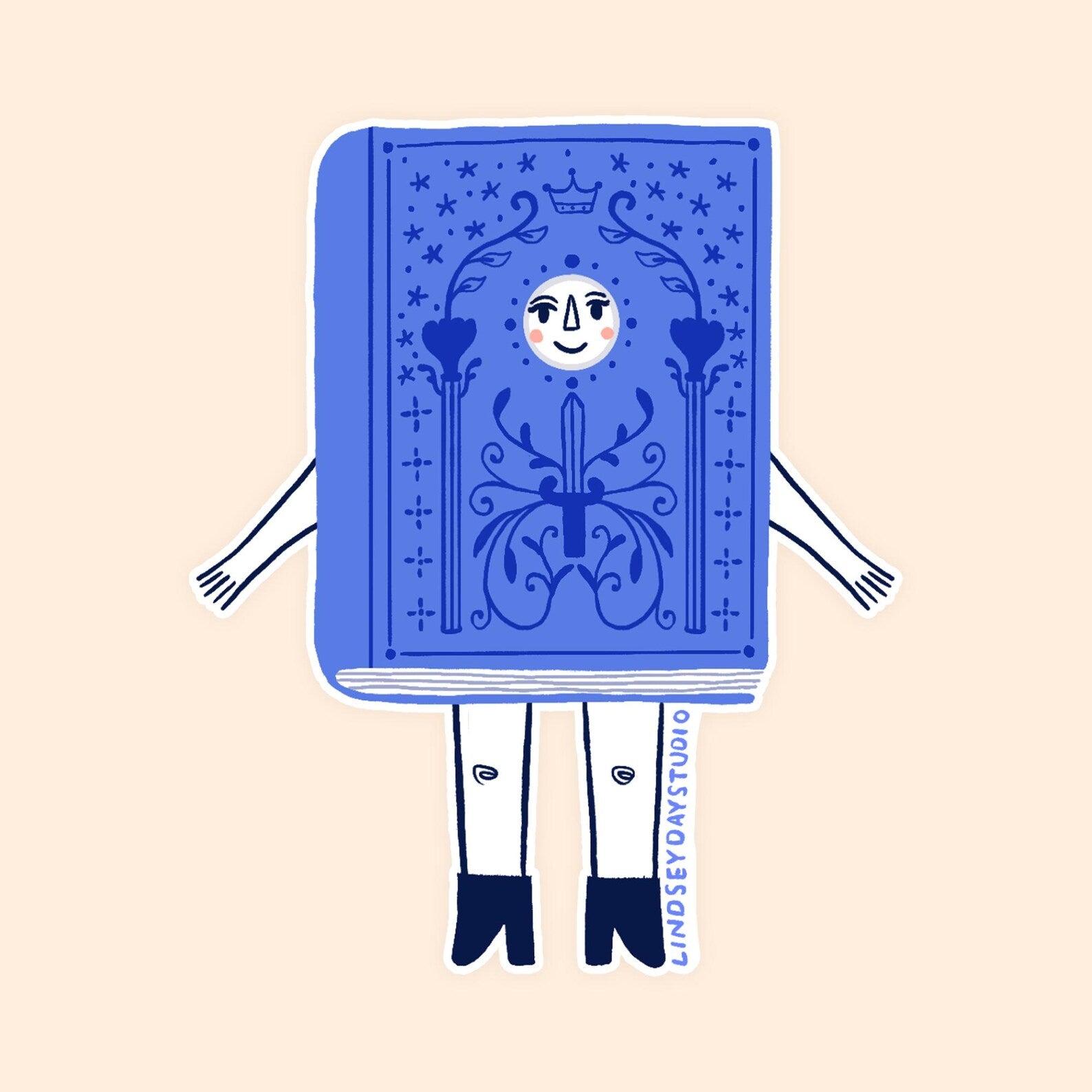 Dark blue book with fancy illustrations. Sticker has a face, arms and legs.