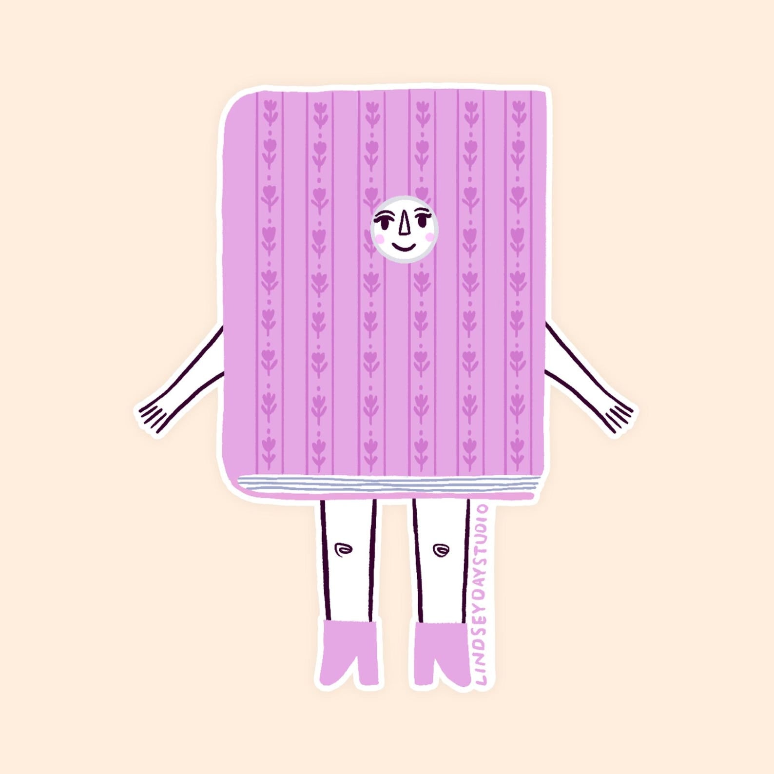 Simple purple book with flower design. Has face arms and legs. 