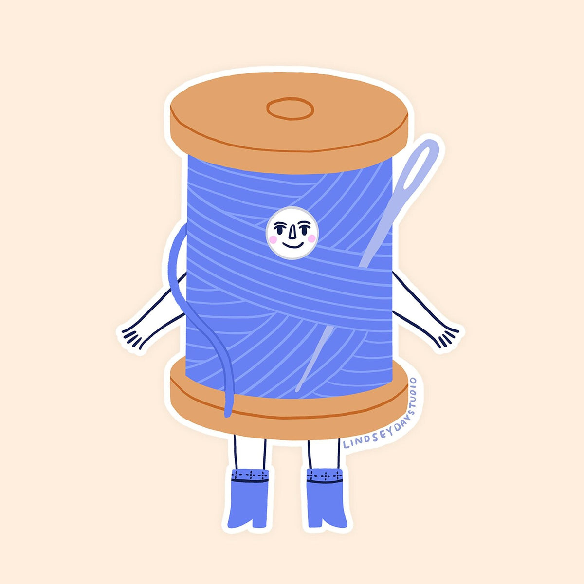 Blue thread spool sticker with a needle, face, arms and legs. 