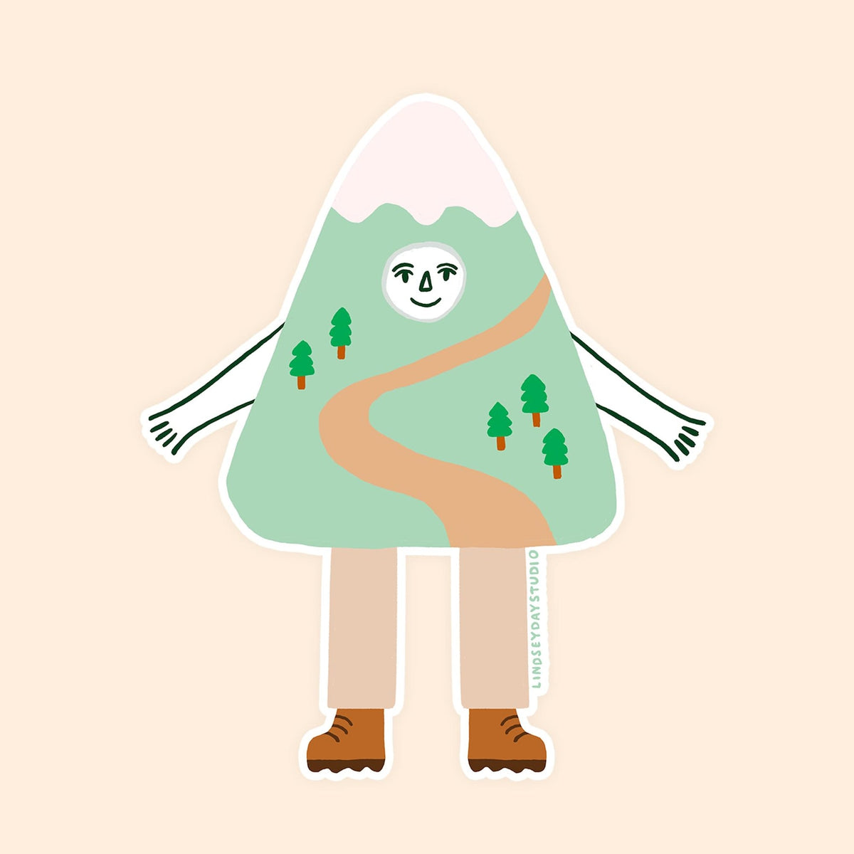 A stylized die-cut sticker illustration of a mountain person wearing a green forest outfit, with a smiling face, arms, legs, and brown hiking boots, on a pale peach background.
