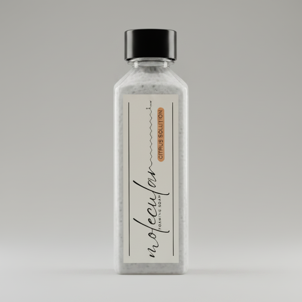 A hand holds a clear rectangular bottle of Nectar Foaming Soap  labeled Citrus Solution The bottle contains a pale liquid and is photographed against a soft orange background.
