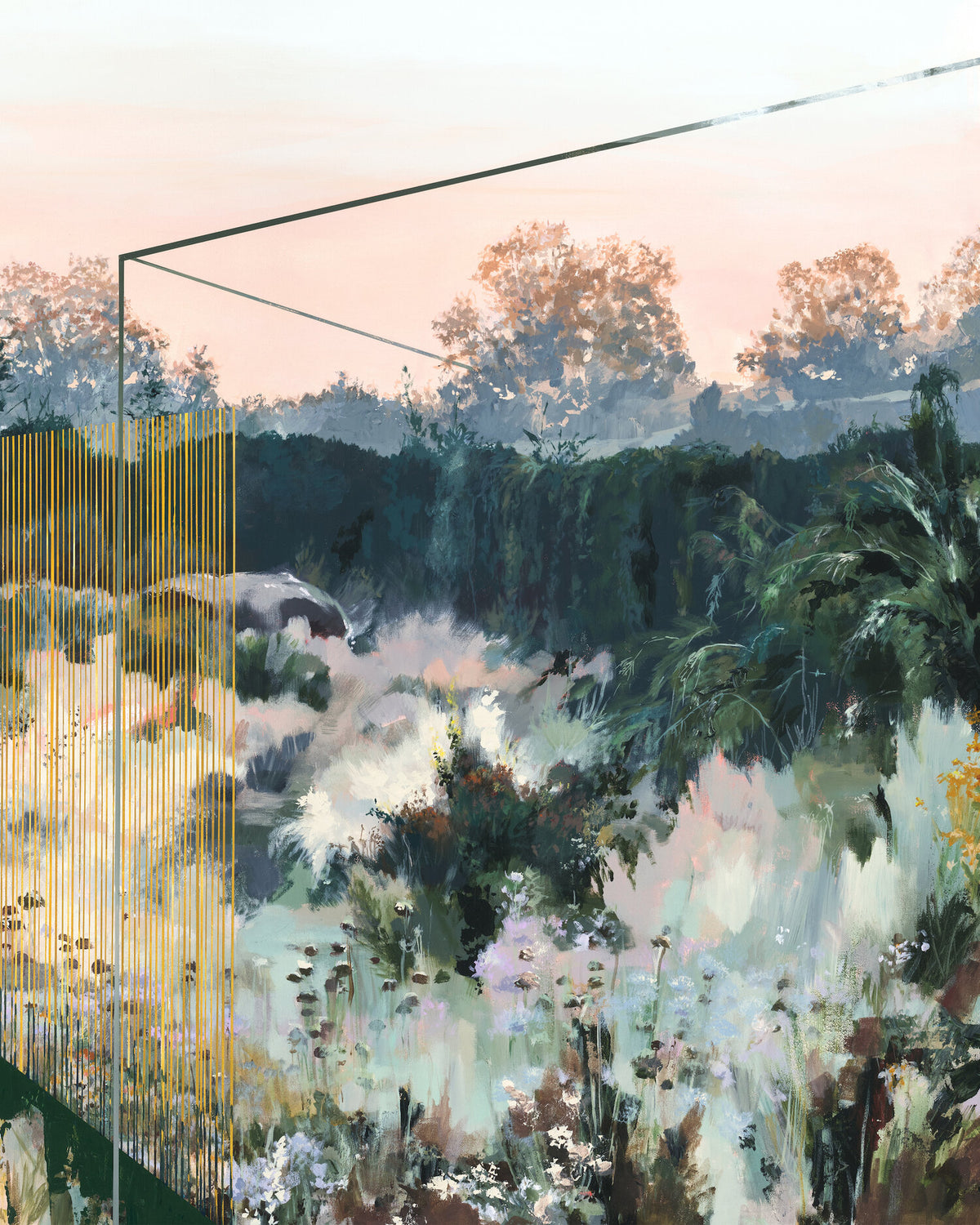 landscape done in dusty greens, blues, and pinks. 