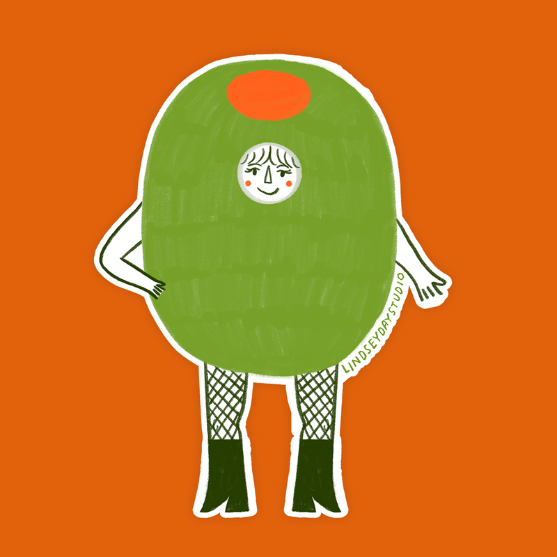 A whimsical illustration of a green avocado character with arms, legs, and a small face, set against a solid orange background. The artist's signature 'LINDSTROMSTUDIO' is visible on the right side.