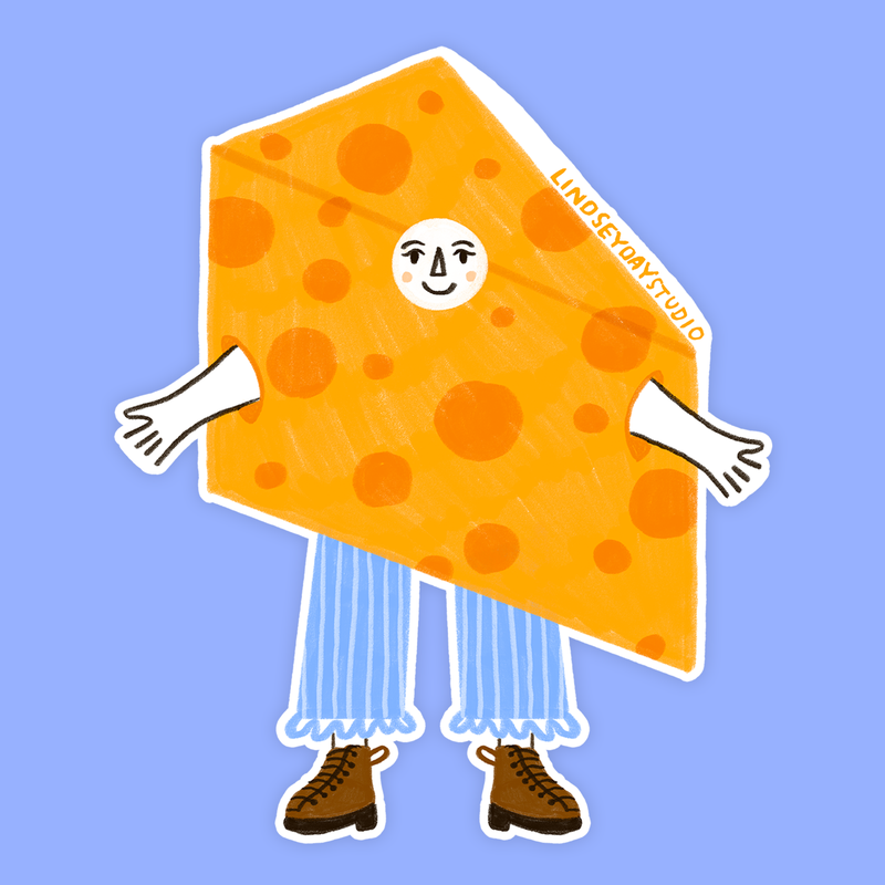 A slice of cheddar cheese with a face, arms and legs. 