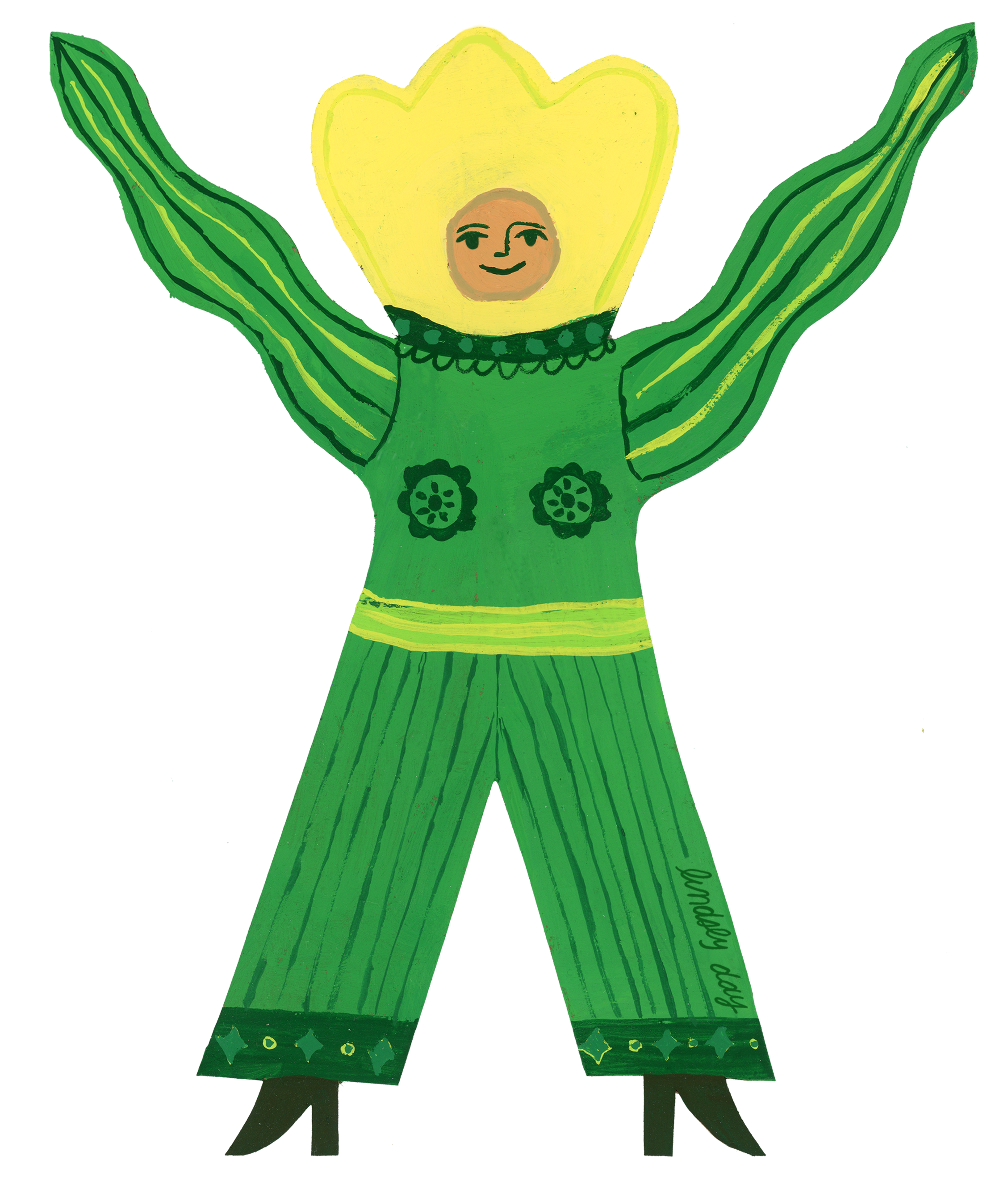 A yellow blossom with green arms, legs, and a smiling face 