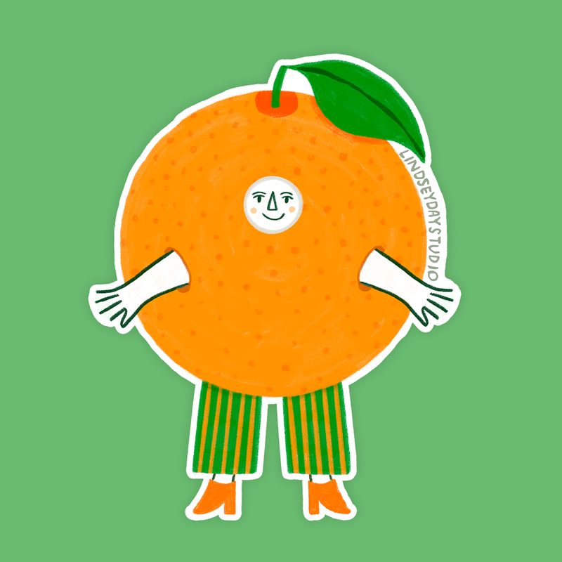 A round orange with a little leaf, a face, arms and legs.
