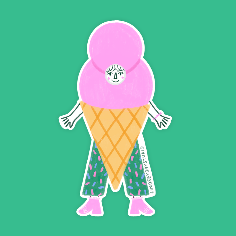 Double scoop pink ice cream cone with a face arms and legs. 