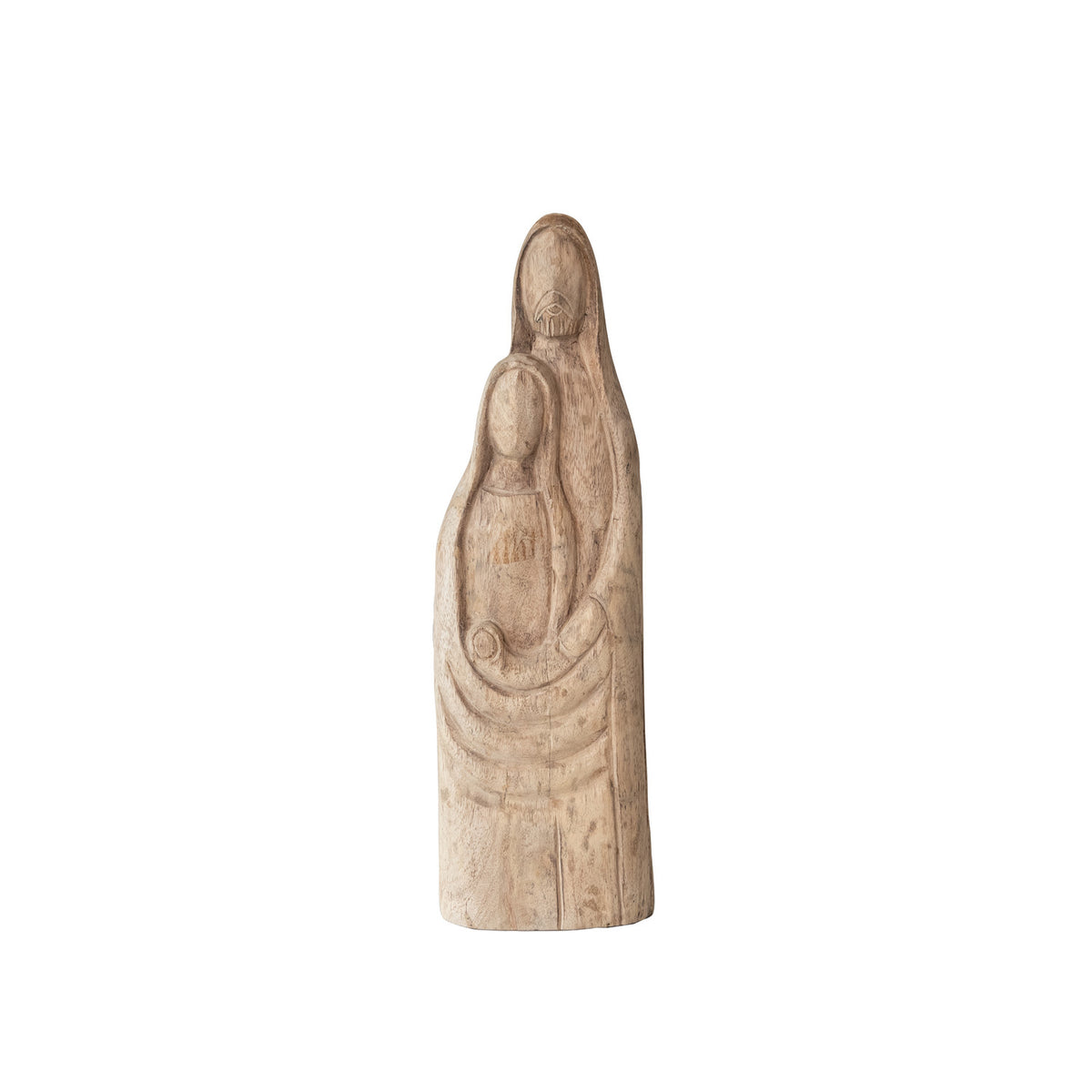 Wooden statue of a figure on a white background