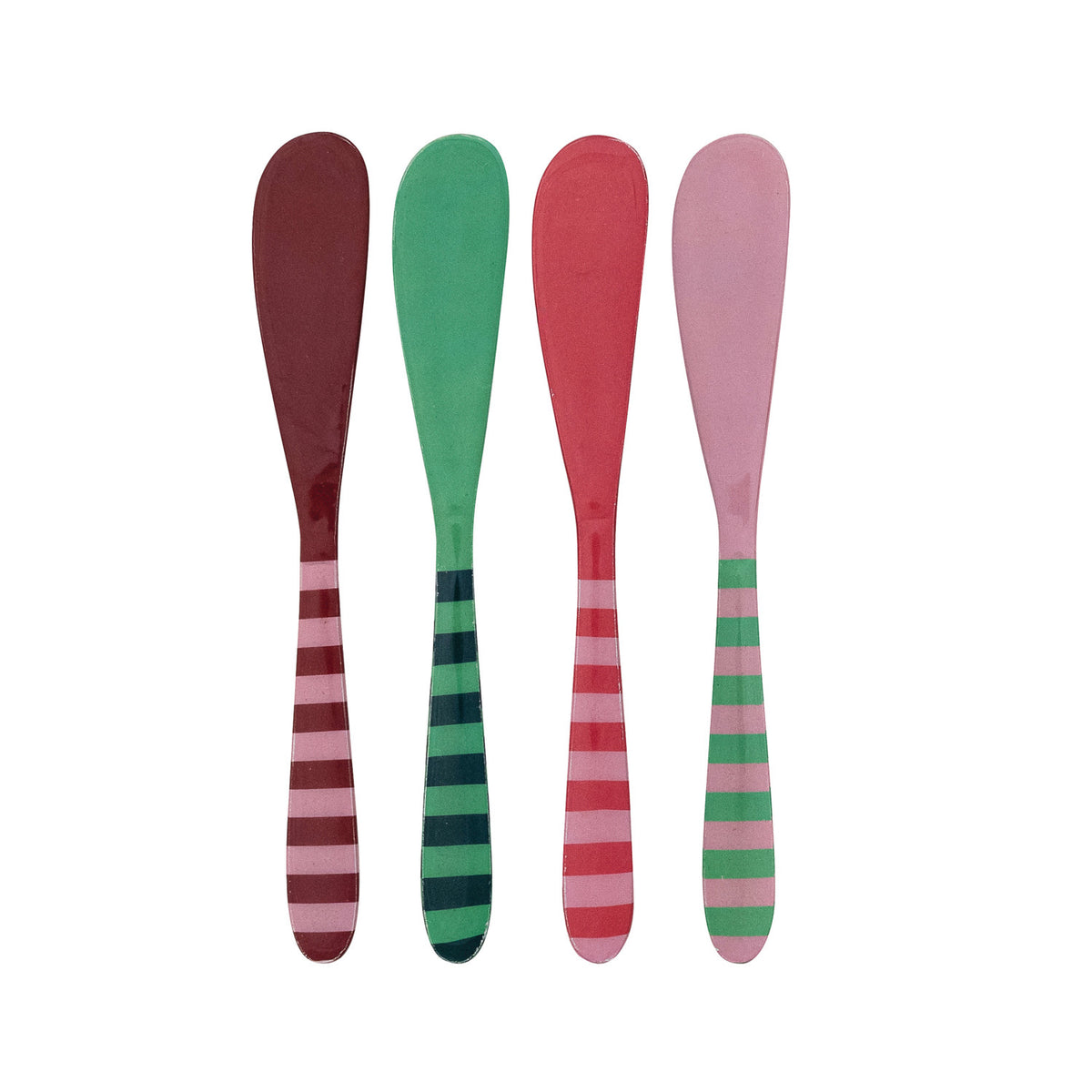 Holiday Whimsy Striped Canape Knife - 4 Colors. Bring a touch of festive cheer and playful style to your holiday gatherings with this Holiday Whimsy Striped Canape Knife. Crafted from durable enameled stainless steel and featuring a fun striped handle available in four vibrant colors, it makes spreading joy, cheeses, and favorite treats effortless. Whether hosting a cozy family evening or gifting to a loved one, this charming spreader adds warmth and whimsical holiday magic to every table.