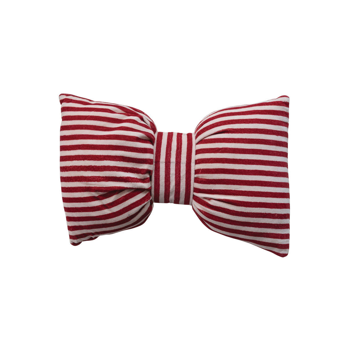 Velvet Striped Bow Lumbar Pillow. Bring cozy charm and festive elegance to your space with this soft cotton velvet bow-shaped lumbar pillow. Featuring classic stripes and a playful bow silhouette, it offers a warm, inviting accent that effortlessly enhances your holiday decor while providing comfortable support.