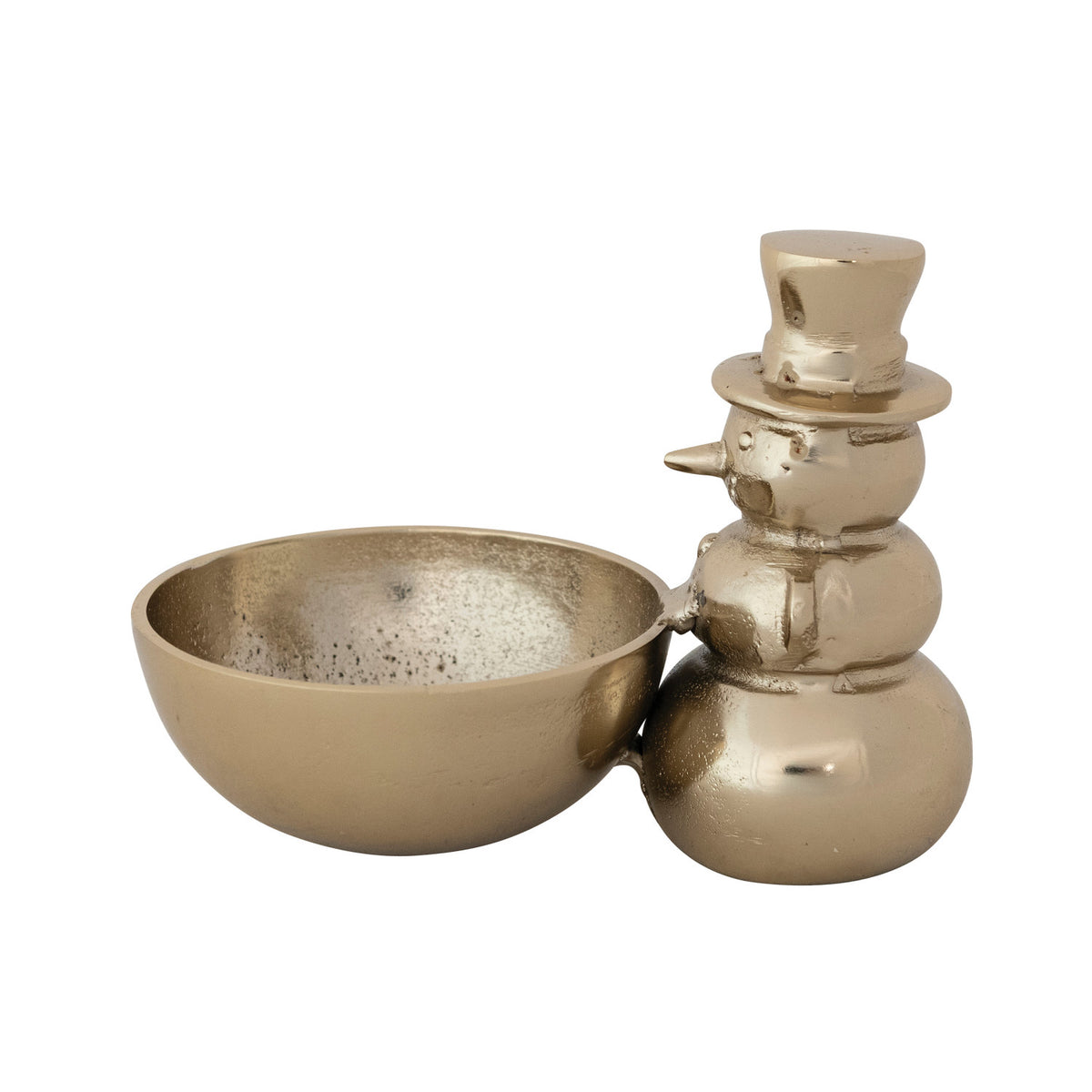 Gold Snowman Holding Bowl. Bring festive cheer and elegant warmth to your holiday gatherings with our Gold Snowman Holding Bowl. Beautifully crafted from cast aluminum with a radiant gold finish, this whimsical accent piece is perfect for serving treats or displaying seasonal decor with playful charm.
