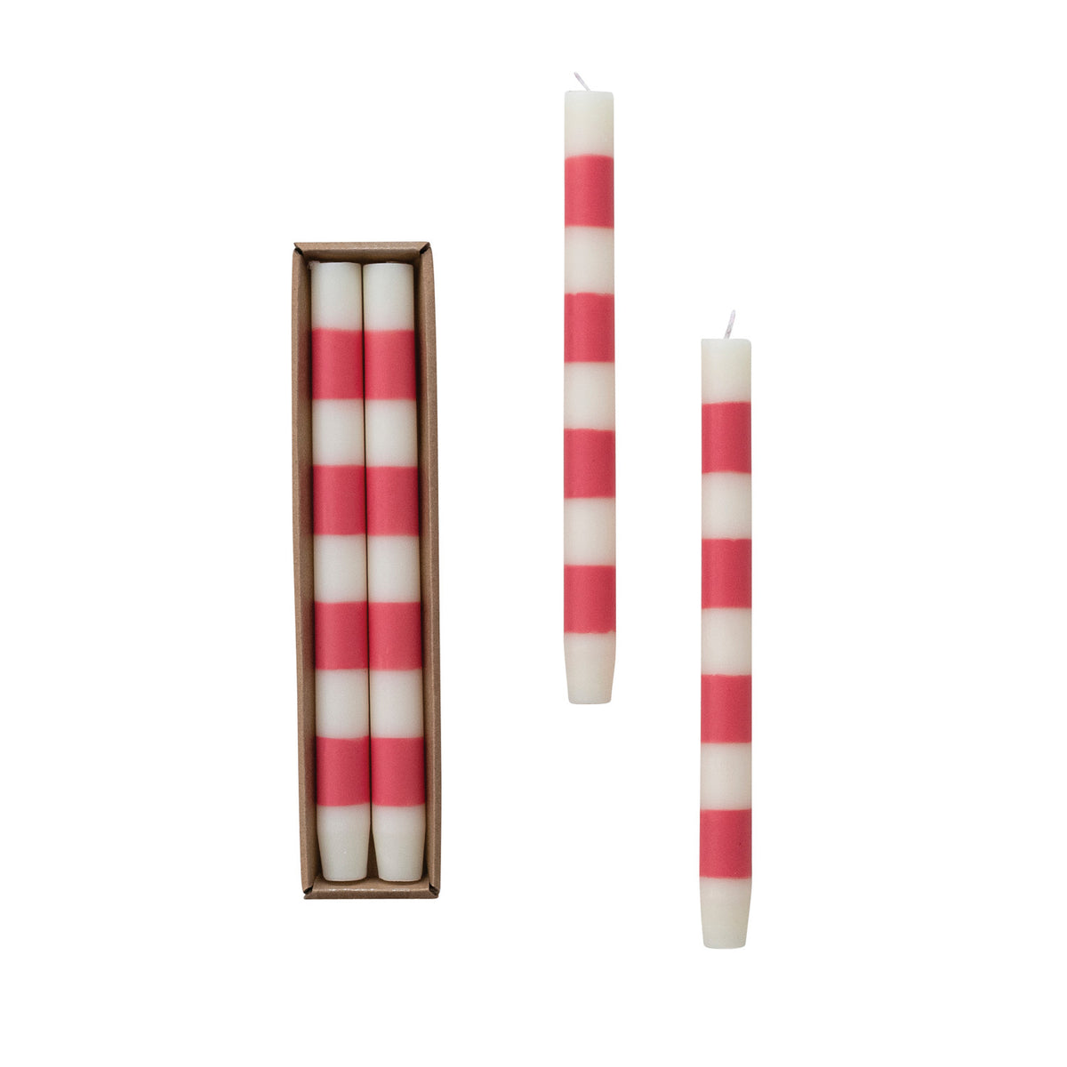 Unscented Striped Taper Candles - Pink. Bring a touch of charming warmth and cozy elegance to your home with our Unscented Pink Striped Taper Candles. Beautifully packaged in a set of two, these charming candles feature a lovely pink striped design that adds a soft, inviting accent to any tabletop or mantelpiece. Designed to burn cleanly and fragrance-free for up to 10 hours, they provide the perfect peaceful glow for intimate dinners, relaxing evenings, or special gatherings with loved ones.