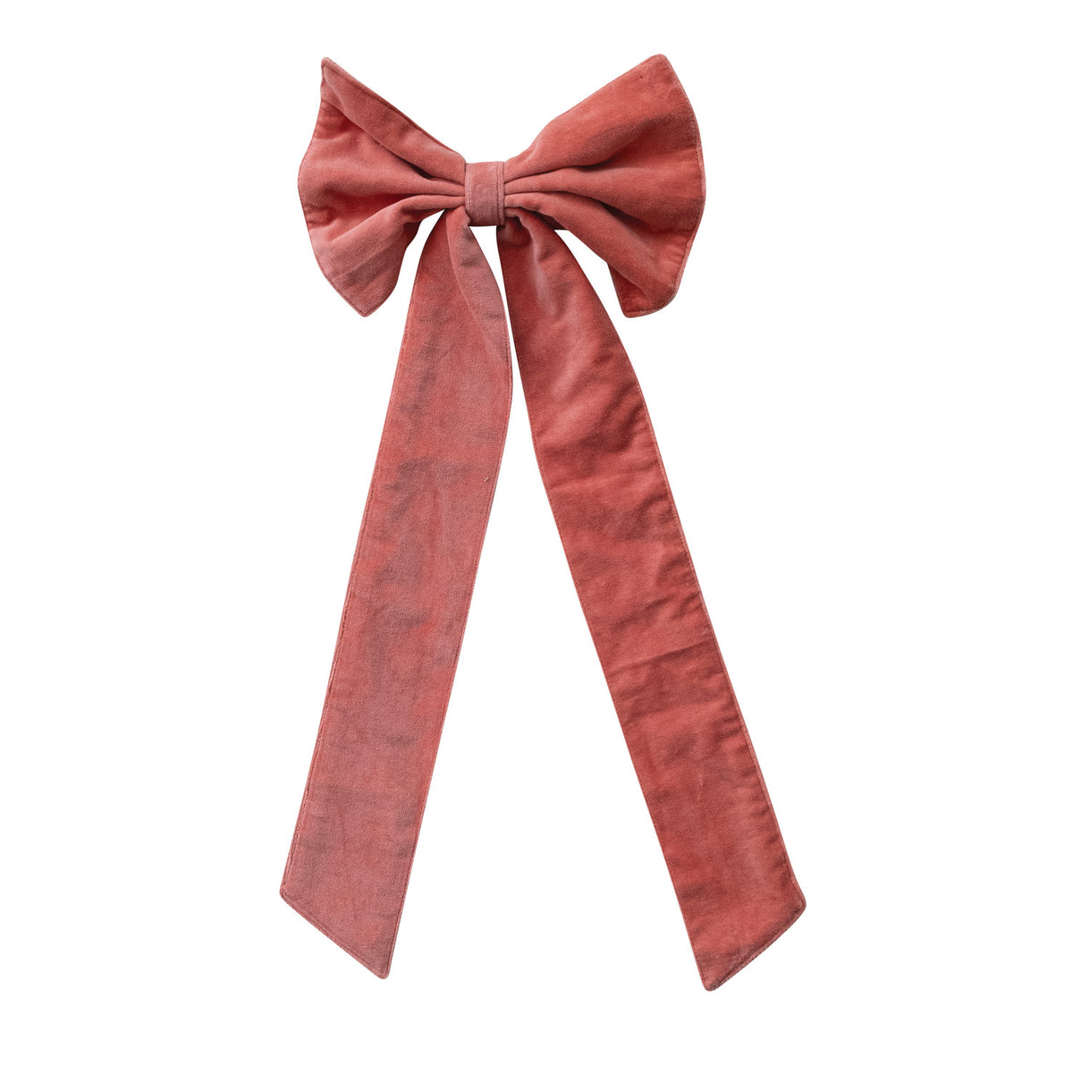 Long Tail Velvet Clip-on Bow - Coral. Add a touch of vibrant charm and cozy elegance to your holiday decor with our Long Tail Velvet Clip-on Bow in Coral. Featuring a soft, luxurious velvet finish and beautifully cascading long tails, this clip-on bow effortlessly attaches to tree branches, wreaths, garlands, or gift packages. Its warm coral hue brings a uniquely cheerful and welcoming accent to all your festive celebrations.