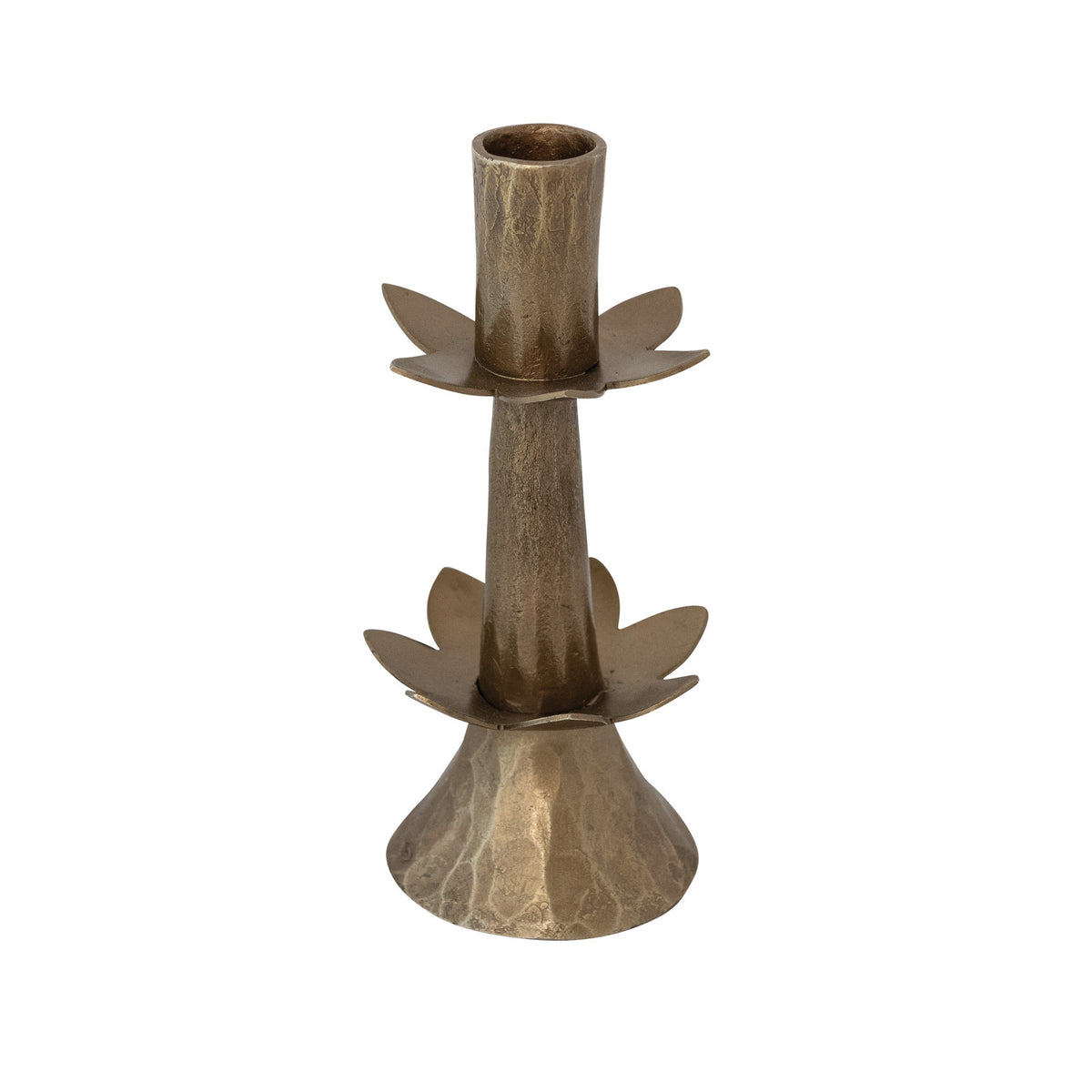 Double Bloom Taper Candle Holder. Add a touch of timeless warmth and elegance to your space with our Double Bloom Taper Candle Holder. Hand-forged in a rich antique brass finish, this charming piece gracefully supports two taper candles, filling your home with cozy light and inviting ambiance.