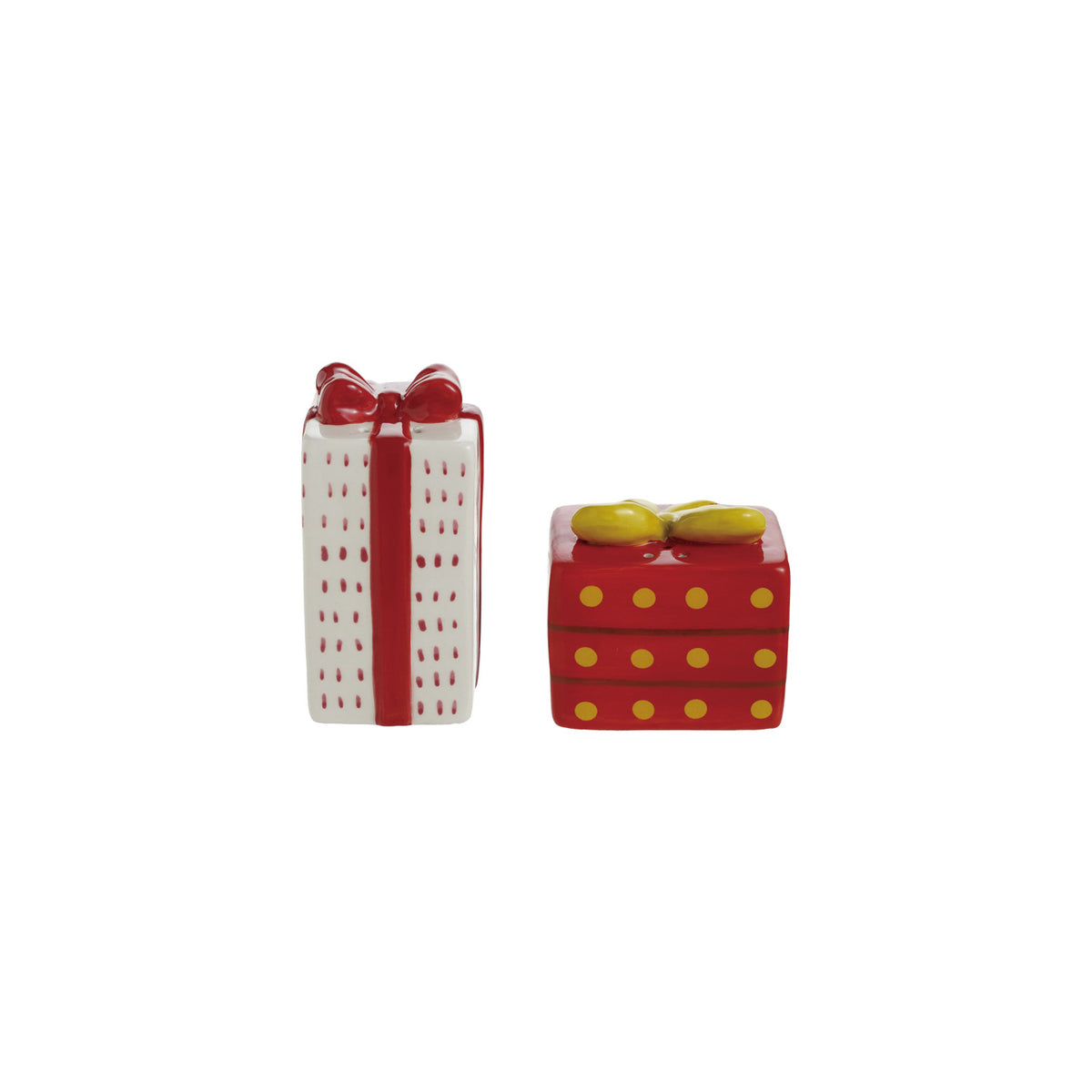 Ceramic Festive Gifts Salt & Pepper Shaker Set. Bring festive cheer and warmth to your holiday table with this charming ceramic gift-shaped salt and pepper shaker set. Featuring playful red, white, and yellow accents, these delightful shakers add a sweet, cozy touch to every meal and make gathering together feel even more special.